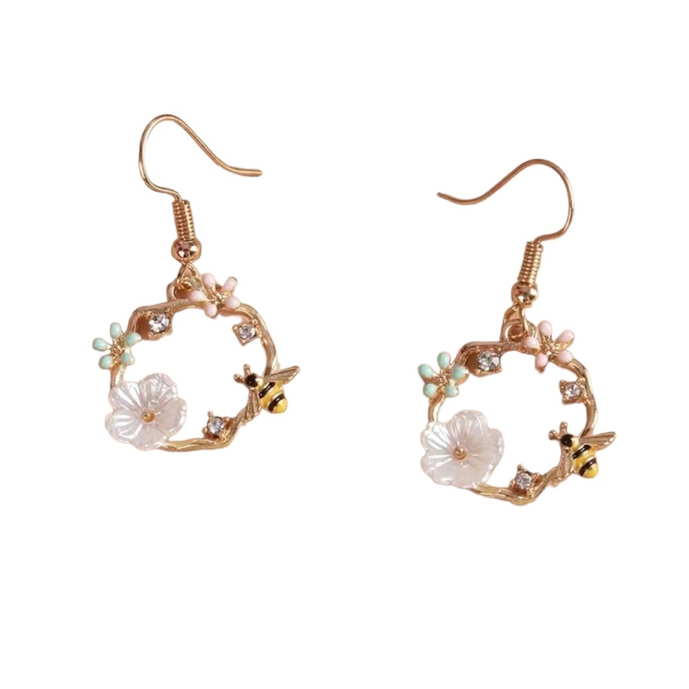 Gold Bee and Flower Drop Hoop Earrings